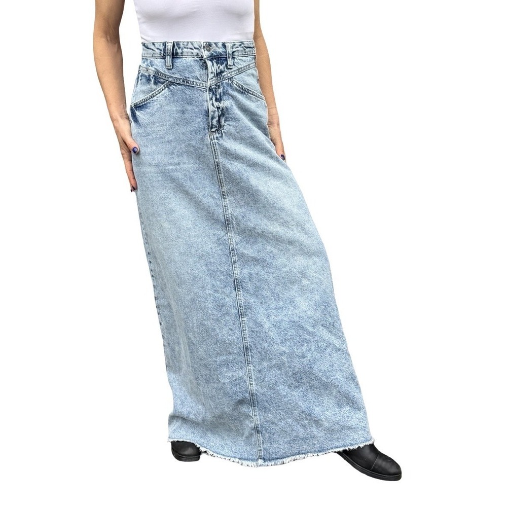We The Free People Come As You Are Denim Jean Maxi Skirt Blue Frayed Boho 6 - Picture 16 of 16